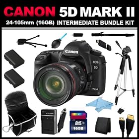 Canon EOS 5D Mark II 21.1MP Full Frame CMOS Digital SLR Camera with EF 24-105mm f/4 L IS USM Lens (16GB Intermediate Bundle Kit) includes Charger, x2 Batteries, 16GB SD Card, USB Card Reader, HDMI Cable, Carrying Case, 6'' Mini Tripod, 67 Monopod, 57 Tripod and Cleaning Kit - 2764B004