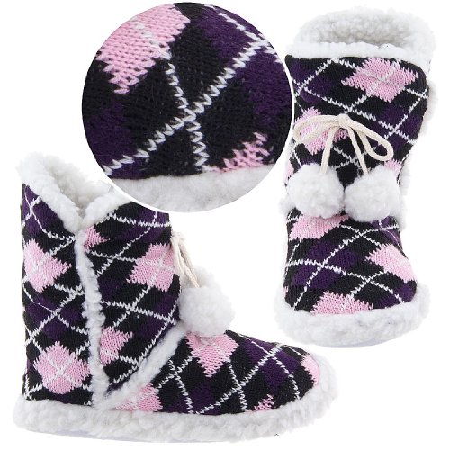 Pink and Black Argyle Bootie Slippers for Women