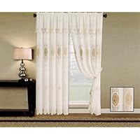 Embroidered Linen Rod Pocket Panel Curtain with Attached Valance 60' X 84' + 18' - Many Colors Available - Beige/Gold