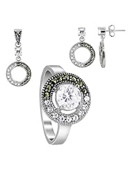 Sterling Silver Round CZ and Marcasite Jewelry Set Ring Size 6.5