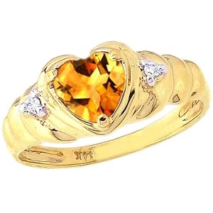 Buy 14K Yellow or White Gold Ribbed-Detail Heart Gemstone and Diamond Ring-Citrine-full, half sizes...