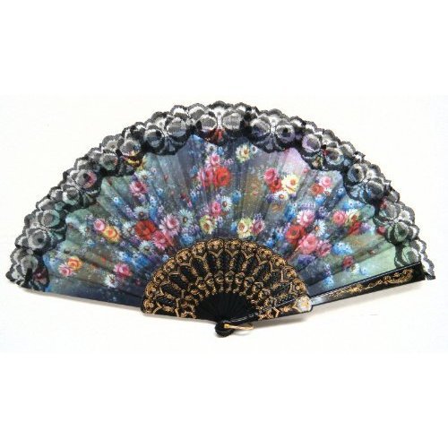 uxcell Lace Trim Accent Floral Print Plastic Handle Folding Hand Fan