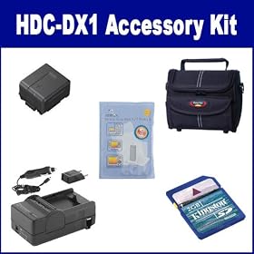 Panasonic HDC-DX1 Camcorder Accessory Kit includes: SDM-130 Charger, KSD2GB Memory Card, ST80 Case, ZELCKSG Care & Cleaning, SDVWVBG130 Battery