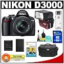 Nikon D3000 10MP Digital SLR Camera with 18-55mm f/3.5-5.6G AF-S DX VR Nikkor Zoom Lens with Sunpak PF30X Flash + 8GB Card + EN-EL9a Battery + Nikon Gadget Bag + Nikon School DVD + Accessory Kit