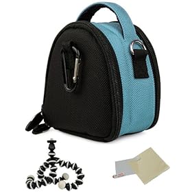 SKY BLUE GRAY Mini Slim Compact Protective Travel Digital Camera Carrying Case with Accessory Compartment For Panasonic DMC-GF3CK / DMC-GF3CW Point And Shoot Digital Camera + Includes a Universal Anti-Glare Screen Protector Guard + Includes 6 Inch Mini Tripod