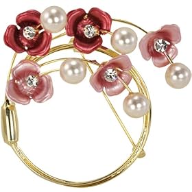 Crescent Crystal Flower Venetian Pearl Brooch Pin - Pink