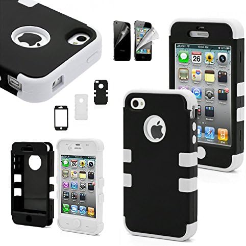 CWAccessories (TM) Black High Impact Hybrid Matte Hard Case Silicone Rubber Cover for Apple iPhone 4 4G 4S w/ Screen Protector (White)
