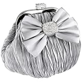 Silver Satin Bow Pleated Rhinestones Brooch & Clasp Frame Baguette Clutch Evening Bag Handbag Purse w/2 Hidden Chains
