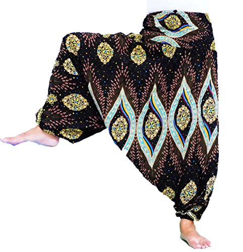 Loong Cha's Women Fine Art Print Smocked Waist Harem Jumpsuit Pants