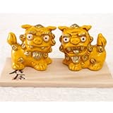 風水　黄　シーサー置物 　a590-3-75