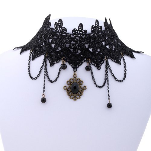 YAZILIND Lolita Black Braided Fabric Lace Choker Beads Tassel Chain Necklace 14in