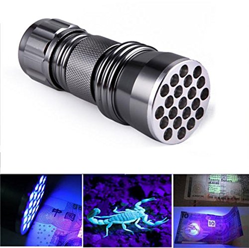 WelltopÂ® 21 LED UV Ultra Violet Blacklight Pocket Flashlight for Spotting Scorpions and Bed Bugs, Counterfeits, A/C Leaks and Pet Stains 21LED UV counterfeit money detector flashlight violet light to detect fluorescent substance according to the sco