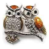 Two Crystal Sitting Owls Brooch (Silver Tone)