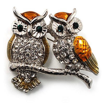 Two Crystal Sitting Owls Brooch (Silver Tone)