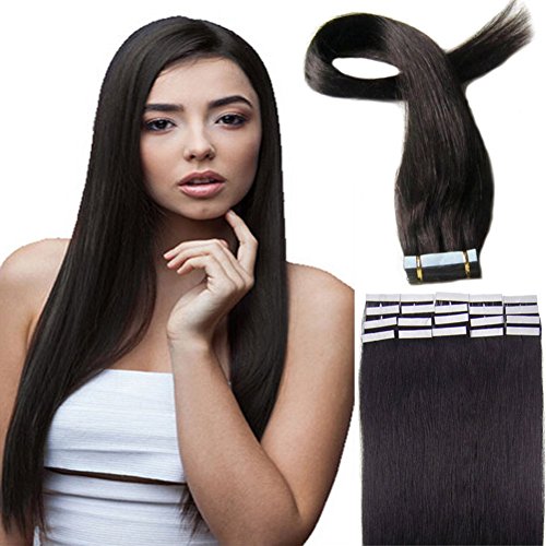 Yotty Human Hair Extensions Seamless Tape in Skin Weft Remy Hair 20Pcs16Inch 1B Natural Black