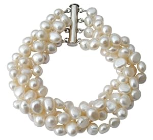 Cultured Freshwater White Baroque Pearl four strand chunky Bracelet with silver clasp, presented in a pretty satin silk pouch with a gift card