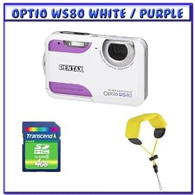 Pentax Optio WS80 White/Purple 10MP CCD Digital Camera w/ 4GB SDHC & Floating Strap Bundle Pack #1