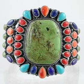 Sterling Silver Gaspeite and Coral Cluster Bracelet by Kirk Smith, #10975 by Taos Trading Bracelets