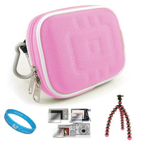 Nylon Pink Durable Camera Case for Olympus XZ-1 Digital Camera + Universal Clear Screen Protector + Pink 6-inch Mini Tripod Stand with Flexible Grip Legs + SumacLife TM Wisdom Courage Wristband