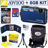Nikon Coolpix AW100 16 MP CMOS Waterproof Digital Camera (Blue) + 8GB Acces ....