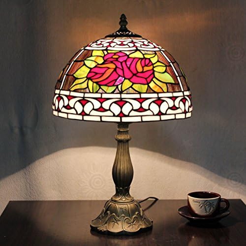 12-Inch Vintage Pastoral Romantic Rose Stained Glass Tiffany Table Lamp Bedroom Lamp Bedside Lamp
