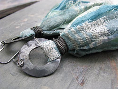 Long fair trade recycled sari silk fiber ocean shades blue green aqua wire wrapped black brass gunmetal seafoam bohemian chic textile tassel earrings