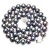 Enhanced Black Cultured Pearl Strand Necklace w. Platinum Overlay CAREFREE Sterling Silver Rose Clasp (L1S3R2)
