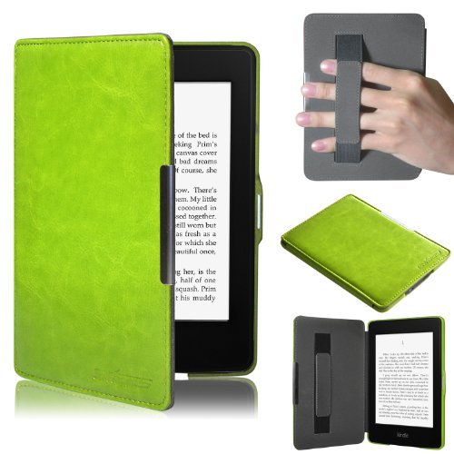 Swees Ultra Slim Leather Case / Cover for New Amazon Kindle Paperwhite / Kindle Paperwhite 3G with Elastic Hand Strap, Magnetic Auto Sleep Wake Function, Includes Screen Protector - Green