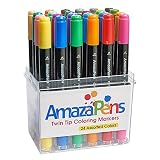 AmazaPens Twin Tip Coloring Pens | Set of 24 Vibrant Colored Markers with Fine and Chisel Dual Tips | Bold Water Based Ink | for All Arts, Craft & Coloring Book Projects