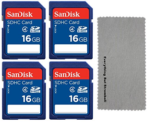 4 Pack SanDisk 16 GB Class 4 SDHC Flash Memory Card Retail for Bushnell 6MP Trophy Cam Essential, Aggressor, 8MP Hybrid Trail Cameras - W/ Everything But Stromboli (tm) MicroFiber Cleaning Cloth