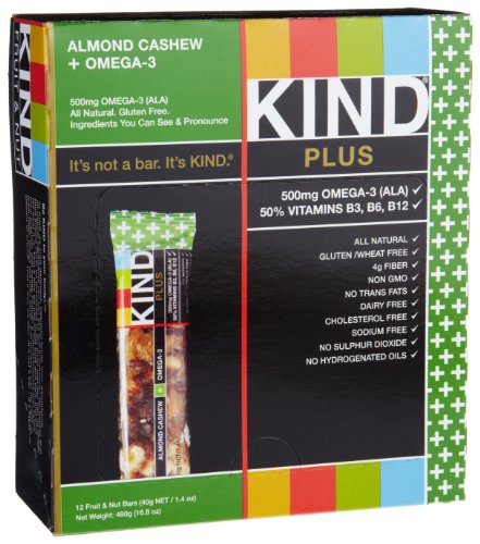 KIND PLUS, Almond Cashew + Omega-3, Nutritional Boost, Gluten Free Bars (Pack of 12)