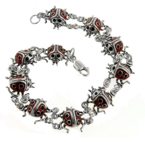 51QZ0N99GBL Sterling Silver Detailed Red Enameled Black Spotted Ladybug Link Bracelet
