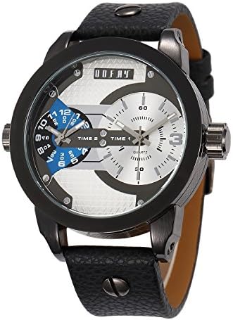 OOFAY ® Men's Timepiece Big Dial Black Leather Band Dual Time Zones Casual Wrist Watches