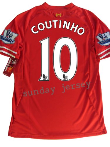 NEW 2013-14 Liverpool Home Soccer Jersey COUTINHO #10 EPL patch Philippe Coutinho Football shirt 13/14 (M Medium US)
