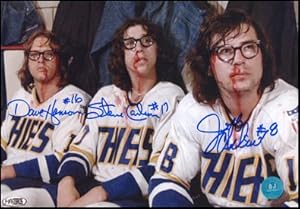The Hanson Brothers TRIPLE SIGNED Slap Shot Post Fight Bloody 7x10 Photo