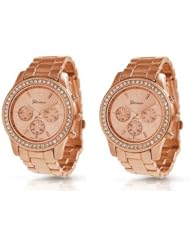 2 PACK Geneva Rose Gold Plated Classic Round CZ Ladies Boyfriend Watch