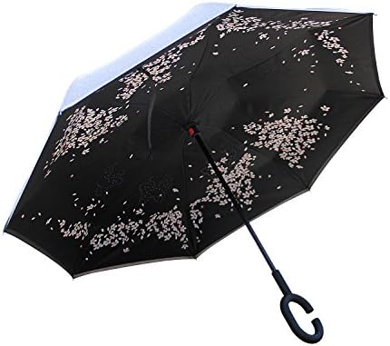 Shindak Windproof UV Protection Big Straight Umbrella for Car Rain Outdoor With C-Shaped Handle and Carrying Bag,Double Layer Inverted Umbrella Cars Reverse Umbrella, (Cherry)