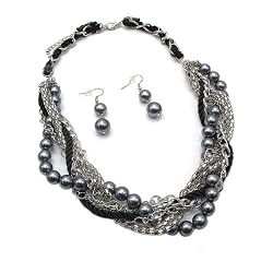 Black and Silver Twisted Multi Strand Necklace and Earrings Set Fashion Jewelry