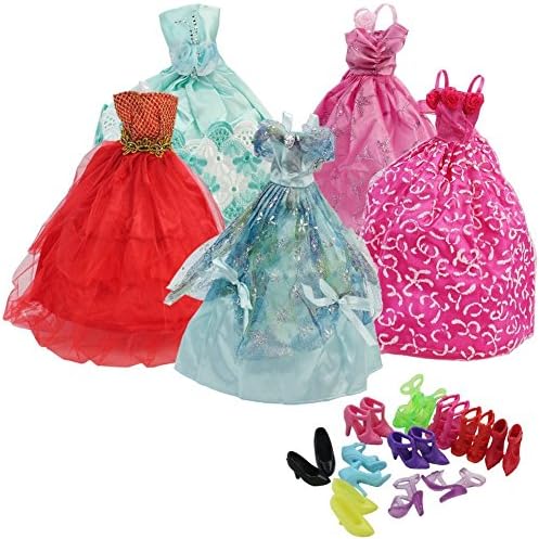 Mix Style Handmade Gorgeous Barbie Doll Party Clothes Dress x5 & Shoes x 10 Gift Free, Colorful with other free gift