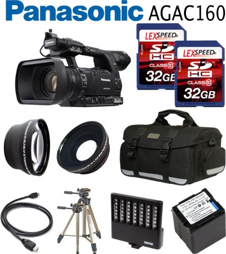 Panasonic AG-AC160 AVCCAM HD Hand-Held Camcorder + Panasonic Spare VW-VBG6 Battery Pack + Two 32GB Memory Cards + 0.45X Wide Angle Lens + 2x Telephoto Lens + Case + Tripod + Led Light + Travel charger + UV + CPL FILTER Panasonic AG-AC160 AVCCAM HD Hand-Held Camcorder + Panasonic Spare VW-VBG6 Battery Pack + Two 32GB Memory Cards + 0.45X Wide Angle Lens + 2x Telephoto Lens + Case + Tripod + Led Light + Travel charger + UV + CPL FILTER