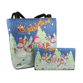 Womens Christmas Snowman Bucket Handbag Purse w/ Matching Wallet in Choice of Holiday Patterns