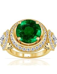 18K Yellow Gold Round Cut Emerald Ring With Sidestones (GIA Certificate)