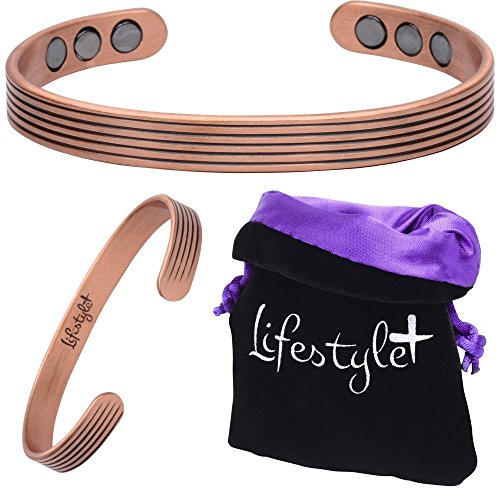 Pure Copper Magnetic Bracelet - Women & Men - Arthritis & Pain Relief - 6 Rare Earth Therapy Magnets - Striped