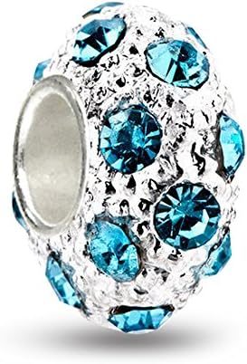 Sterling Silver, March Birthstone and Pisces Zodiac, Aquamarine Blue Pave-Set Faceted Crystals, European Charm Bead, Fits Bracelet, Pendant, Necklace