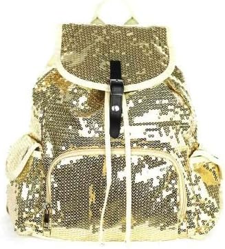 Gold Color Sequins Decor Backpack Handbag. Flap Over Single Magnetic Closure. Top String Tie Closure. Inside Zipper Pocket and Accessory Pocket. (L) 10.00 X (H) 14.50 X (W) 4.00.