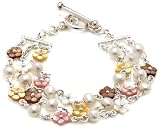 Silver Ladies B2662 3 Strand Yellow Brown Pink Mother Of Pearl Flower And Fresh Water Pearl T bar Bracelet 55