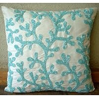Sea Weeds - 16x16 Inches Throw Pillow Covers - Silk Pillow Cover with Beaded Embroidery