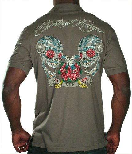CHRISTIAN AUDIGIER Ed Hardy Men Short Sleeve Platinum Skull Polo Shirt