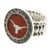 Silver toned stretch band ring with crystal rhinestones surrounding the Unifersity of Texas Longhorns logo
