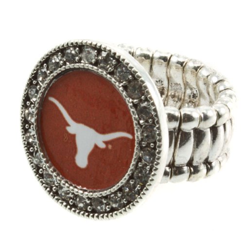 Silver toned stretch band ring with crystal rhinestones surrounding the Unifersity of Texas Longhorns logo